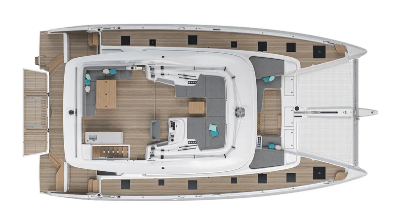 Slide: The Image of Top view of 2025 Lagoon 60 catamaran, showcasing spacious deck and modern design. - 37