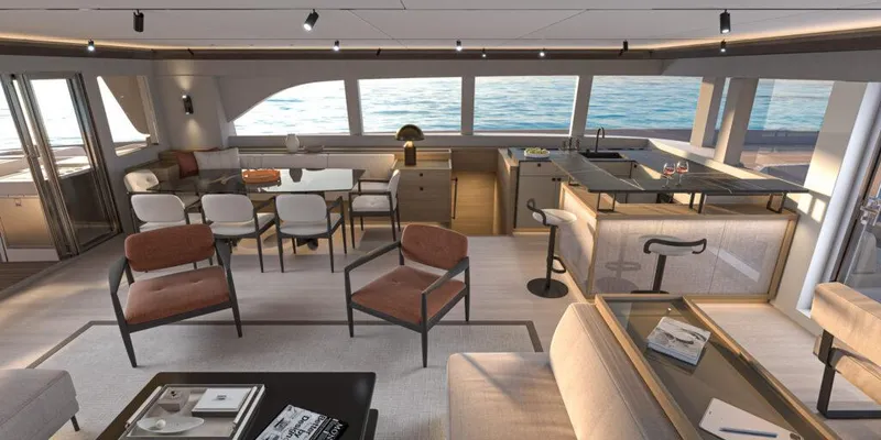 Slide: The Image of Luxurious interior of 2025 Lagoon 83 yacht with modern furnishings and ocean view. - 12