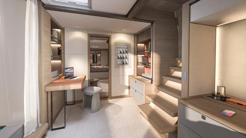 Slide: The Image of Luxurious interior of 2025 Lagoon 83 yacht, featuring modern design and elegant furnishings. - 20