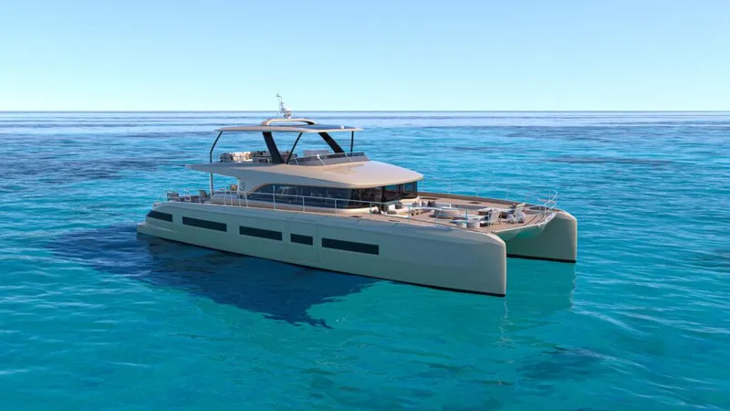 Slide: The Image of Luxurious 2025 Lagoon 83 yacht cruising on clear blue ocean waters. - 21