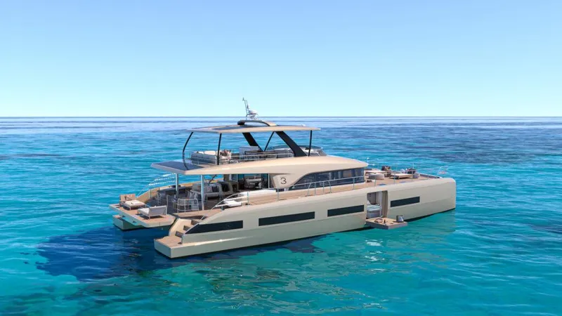 Slide: The Image of Luxurious 2025 Lagoon 83 yacht on clear blue ocean waters. - 22