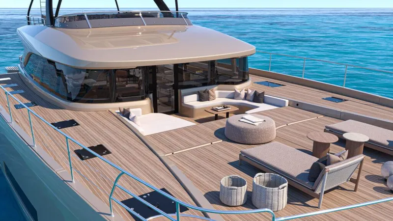 Slide: The Image of Luxurious 2025 Lagoon 83 yacht with spacious deck and modern seating on tranquil sea. - 3