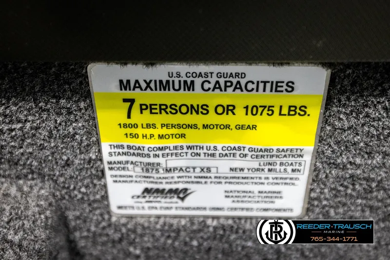 Slide: The Image of 2023 Lund 1875 Impact XS capacity label: 7 persons or 1075 lbs, 150 HP motor. - 61
