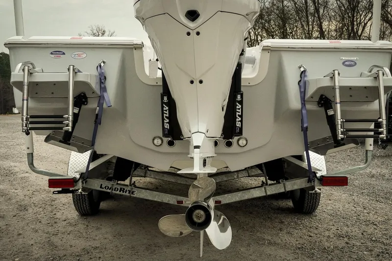 Slide: The Image of 2026 Tidewater 2500 Carolina Bay boat on trailer, rear view with propeller and ladders. - 18