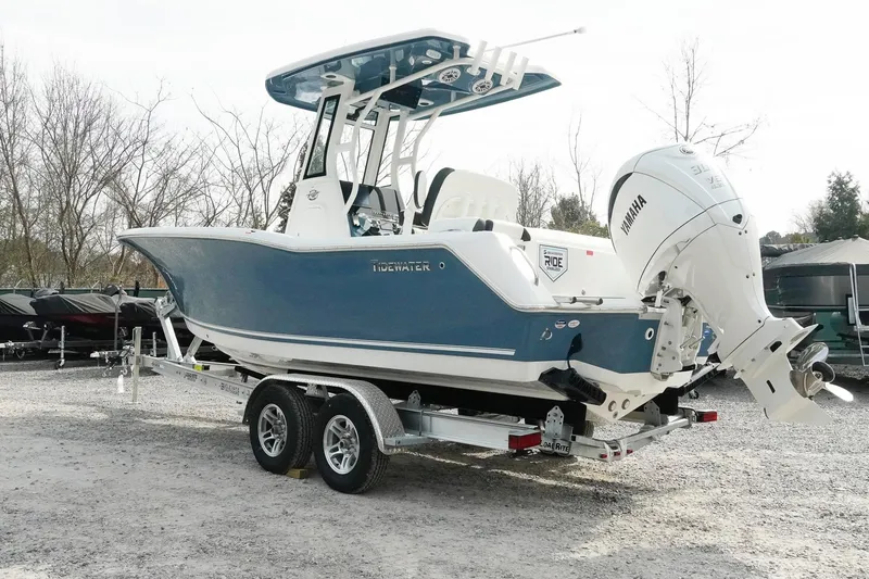 Slide: The Image of 2026 Tidewater 232 LXF boat on trailer with Yamaha outboard motor. - 5