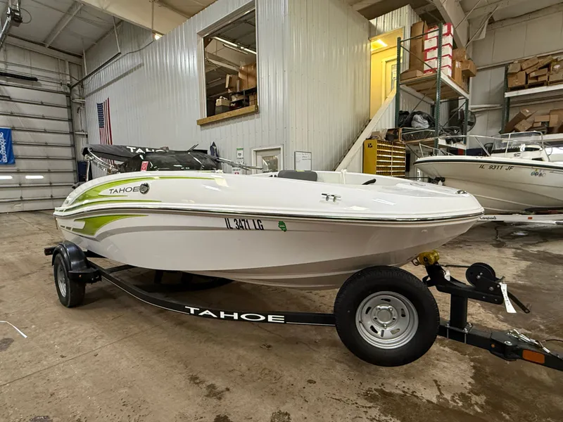The Image of 2024 Tahoe T16 boat in warehouse on trailer. - 0