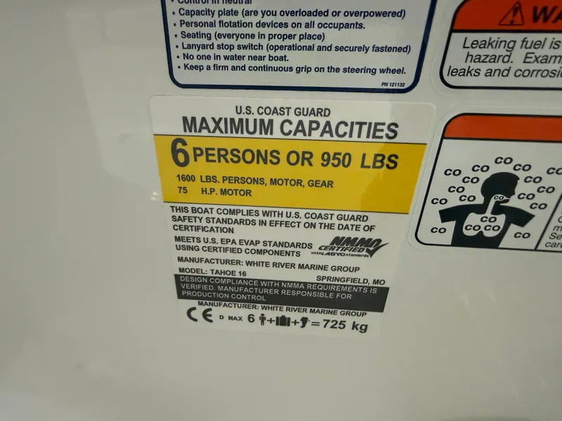Slide: The Image of USCG capacity label for Tahoe T16 boat, 6 persons, 950 lbs. - 15