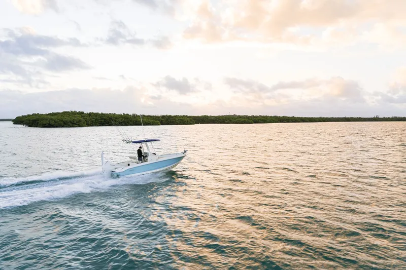 Slide: The Image of Boston Whaler 220 Dauntless 2026 on calm waters at sunset. - 20
