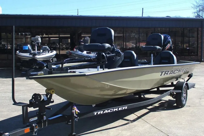 Slide: The Image of 2026 Tracker Pro Team 190 boat on trailer, displayed outdoors. - 10