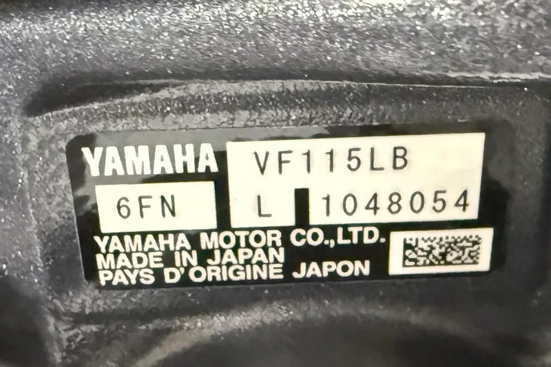 Slide: The Image of Yamaha engine label on 2026 Express H20 Bay, model VF115LB, made in Japan. - 13