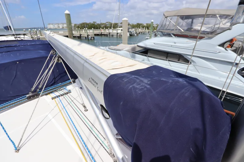 Slide: The Image of Catalina Morgan 440 sailboat deck, 2007 model, docked at marina with open hatches. - 10