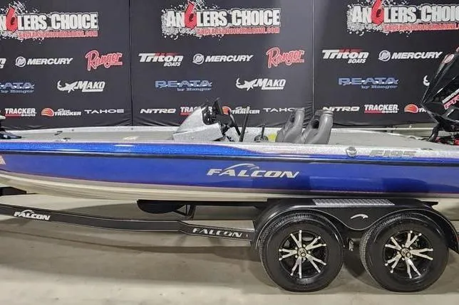 Slide: The Image of Blue Falcon F195 boat on trailer at Anglers Choice event, 2019 model. - 1