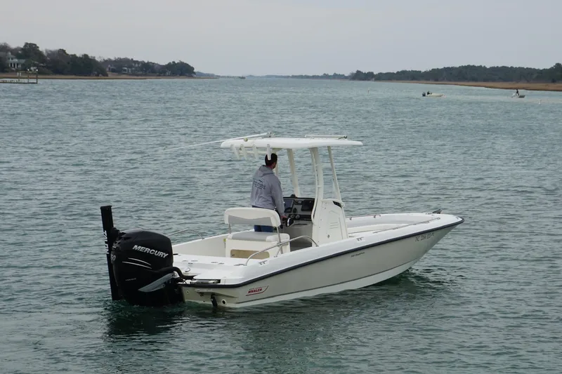 Slide: The Image of 2016 Boston Whaler 240 Dauntless boat on calm water, featuring a Mercury engine. - 10