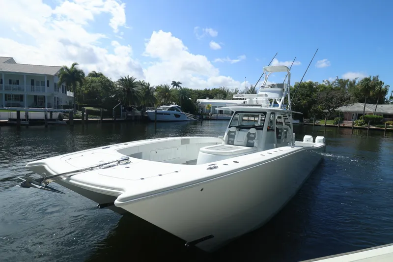 Slide: The Image of Speakers on a 2022 Freeman 47 boat, featuring JL Audio marine sound system. - 47