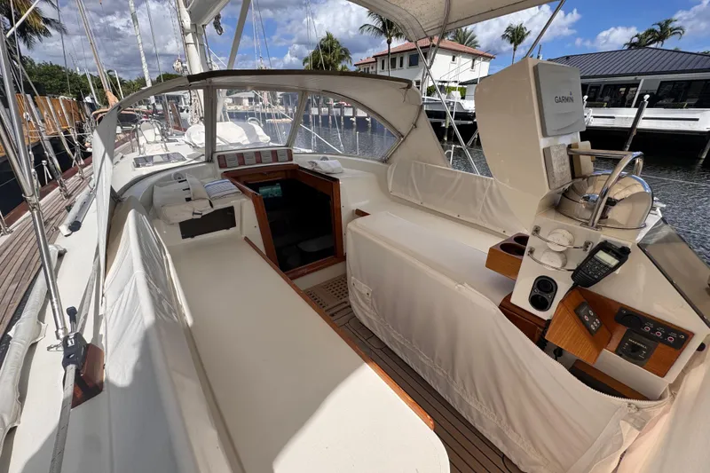 Slide: The Image of 1989 Little Harbor Sloop 58' yacht cockpit with navigation equipment and seating. - 21