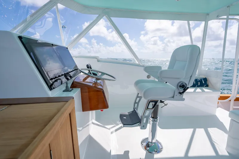 Slide: The Image of Luxurious 2025 Custom Margaritavich boat interior with modern helm and ocean view. - 15