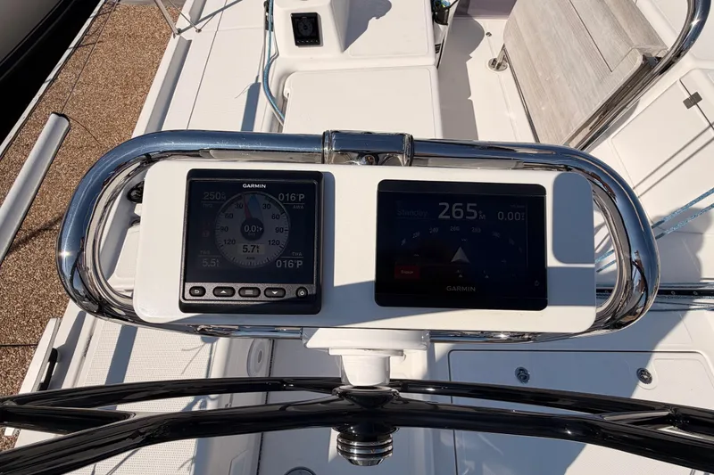 Slide: The Image of 2023 Beneteau First 36 yacht cockpit with Garmin navigation displays. - 18