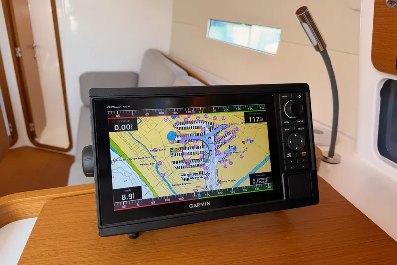 Slide: The Image of Garmin GPS display on 2023 Beneteau First 36 yacht, showing nautical chart. - 76