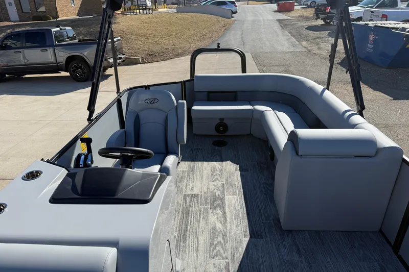 Slide: The Image of 2026 Bentley Pontoons Legacy 200 Cruise XL interior with gray seating and modern design. - 14