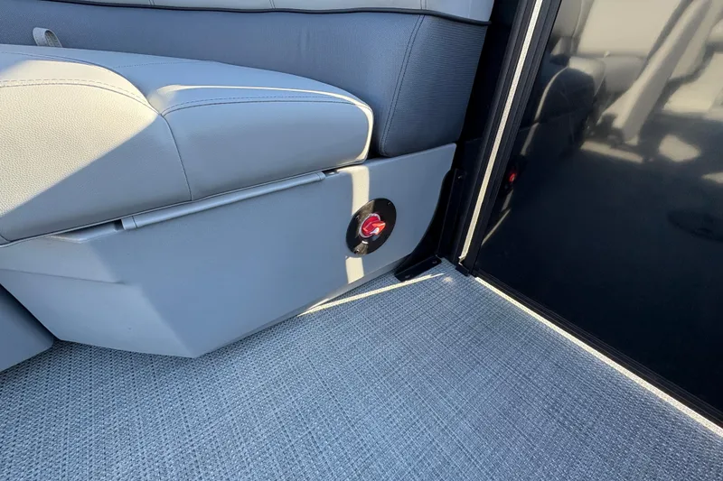 Slide: The Image of 2026 Bentley Pontoons Fish 220 FWD CW interior seating detail with gray upholstery. - 35