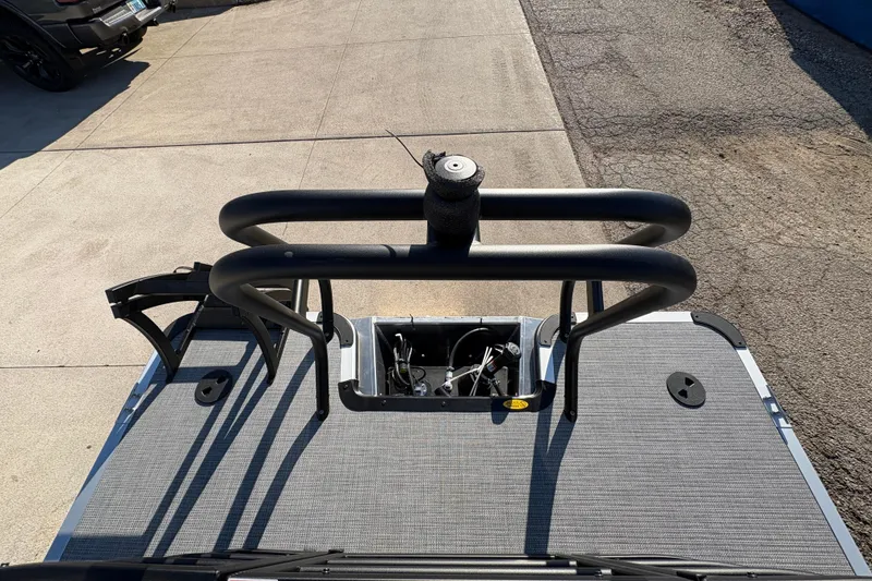 Slide: The Image of 2026 Bentley Pontoons Fish 220 FWD CW deck with railing and storage compartment. - 36