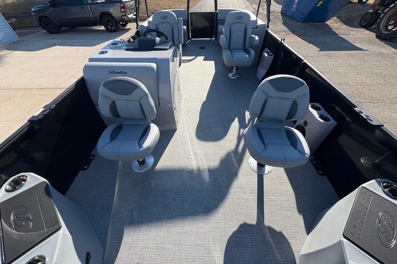 Slide: The Image of 2026 Bentley Pontoons Fish 220 FWD CW interior with modern seating and console design. - 8