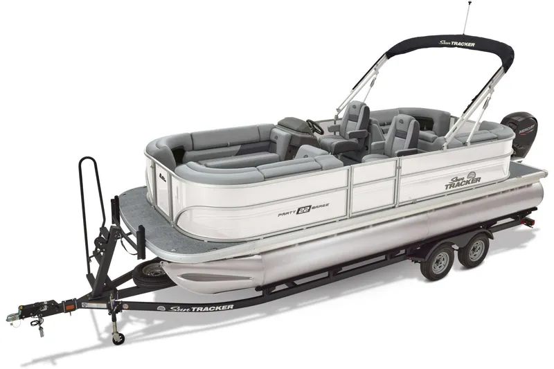 Slide: The Image of Manufacturer Provided Image: 2026 Sun Tracker Party Barge 22 DLX pontoon boat on trailer, side view. - 26