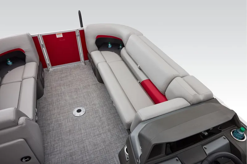 Slide: The Image of Manufacturer Provided Image: 2026 Sun Tracker Party Barge 22 DLX interior with gray seating and red accents. - 42