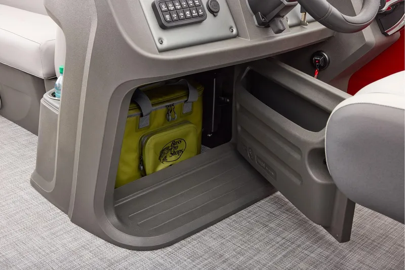 Slide: The Image of Manufacturer Provided Image: 2026 Sun Tracker Party Barge 22 DLX console storage with cooler and cup holder. - 59