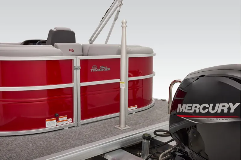 Slide: The Image of Manufacturer Provided Image: 2026 Sun Tracker Party Barge 22 DLX with Mercury engine, red exterior, and gray seating. - 82