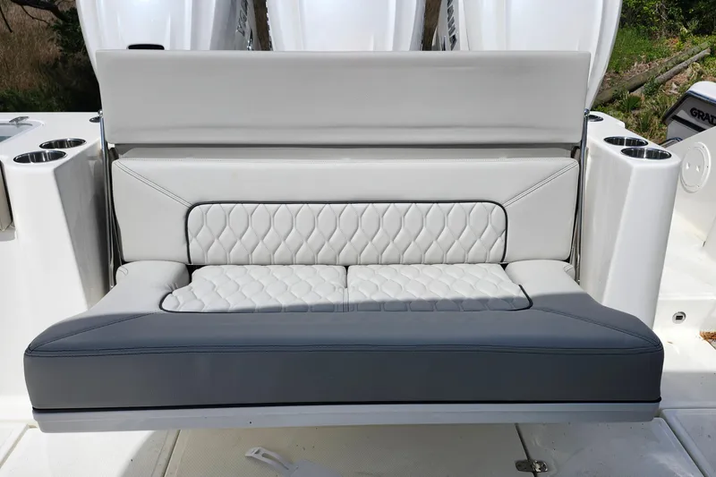 Slide: The Image of Luxury seating on 2026 Pursuit S 388 Sport boat, featuring elegant quilted upholstery. - 30