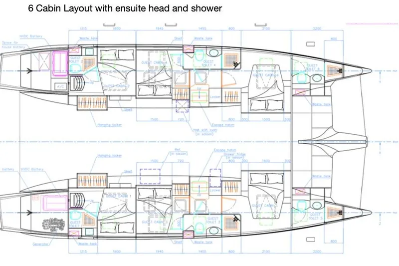 Slide: The Image of Island Spirit 525E 2026 yacht floor plan with six cabins, ensuite heads, and showers. - 19