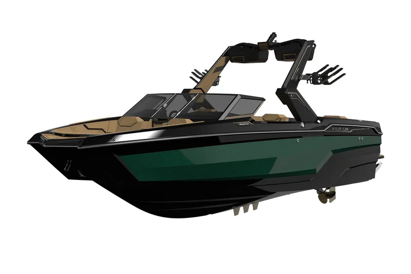 Slide: The Image of Manufacturer Provided Image: 2025 MasterCraft XStar 23 boat with sleek black and green design, featuring advanced wakeboard tower. - 17