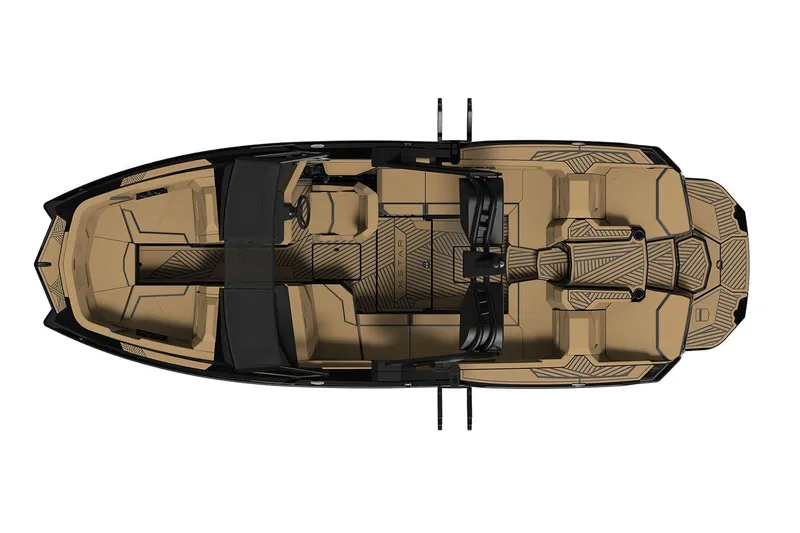 Slide: The Image of Manufacturer Provided Image: 2025 MasterCraft XStar 23 boat interior, top view, tan seating and black accents. - 9