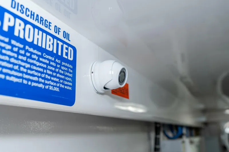 Slide: The Image of Viking 90 Convertible 2025 boat interior with oil discharge prohibition sign and camera. - 88