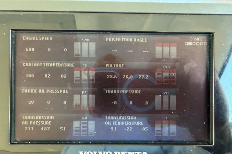 Slide: The Image of Dashboard display of 2011 Cruisers Yachts 540 Sports Coupe engine metrics. - 61