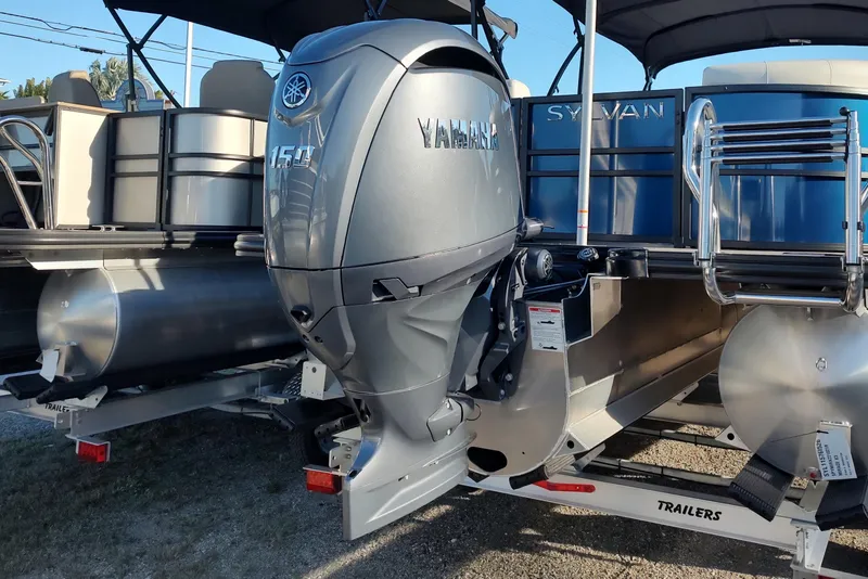 Slide: The Image of 2026 Sylvan MIRAGE X1 CLZ DH pontoon boat with Yamaha 150 outboard motor. - 9