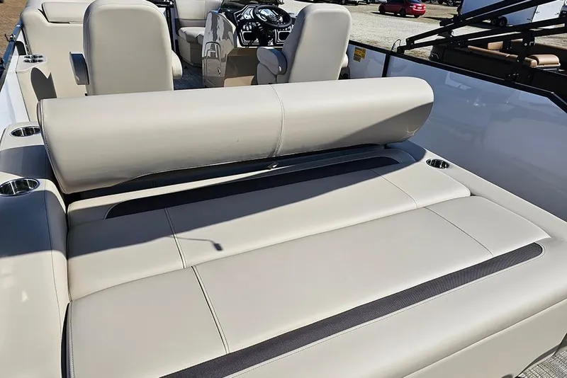 Slide: The Image of 2026 Bentley Pontoons Legacy 220 Swingback interior with luxurious seating and modern design. - 12