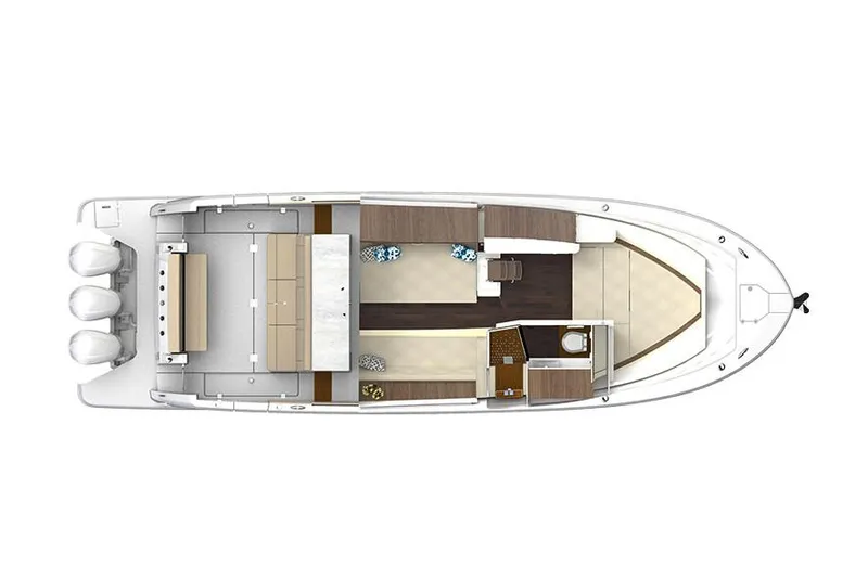 Slide: The Image of Manufacturer Provided Image: Top view of 2020 Regal 38 SAV boat layout with three outboard motors. - 33