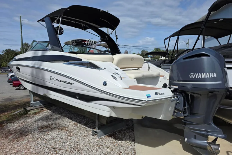 Slide: The Image of 2017 Crownline Eclipse E6 XS boat with Yamaha outboard motor on display. - 2