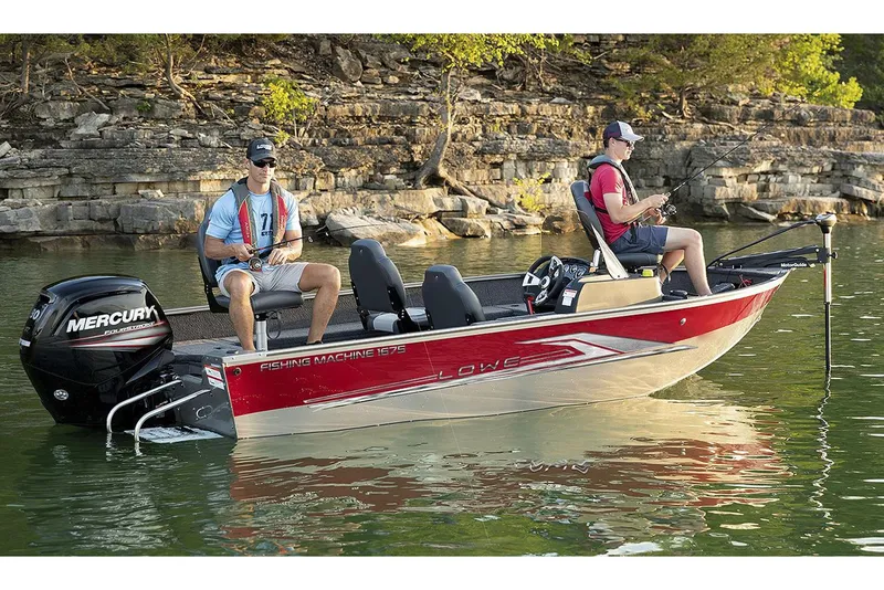 Slide: The Image of Manufacturer Provided Image: 2023 Lowe Fishing Machine 1675 SC on a serene lake, two people fishing. - 26