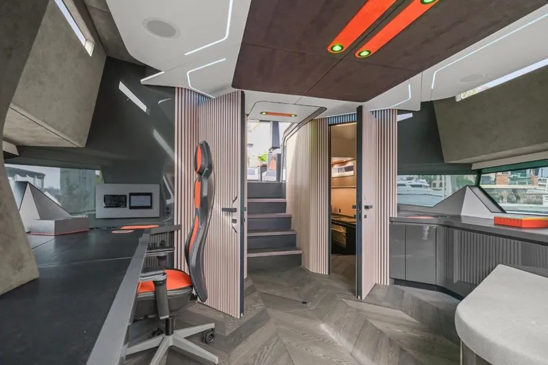 Slide: The Image of Futuristic interior of 2025 Maori 64 yacht with sleek design and modern furnishings. - 26