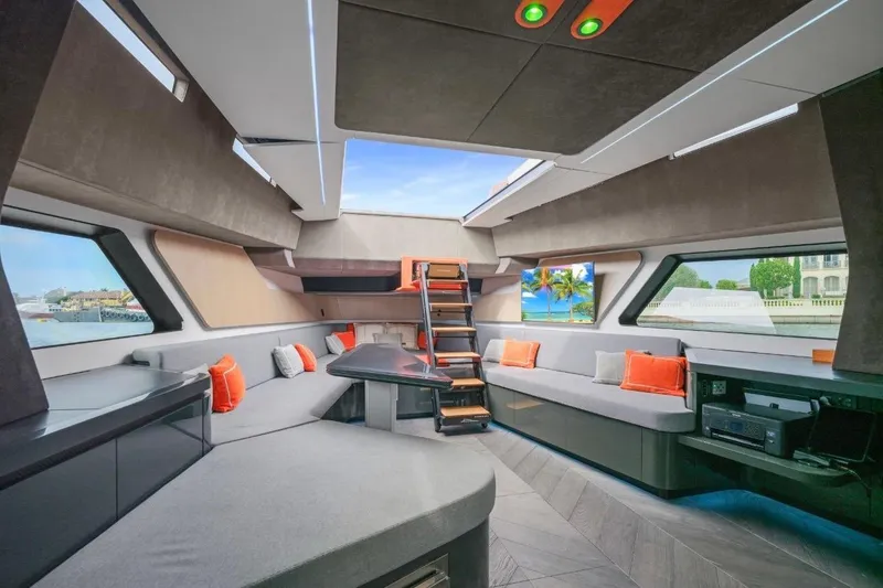Slide: The Image of Luxurious interior of 2025 Maori 64 yacht with modern design and vibrant accents. - 31