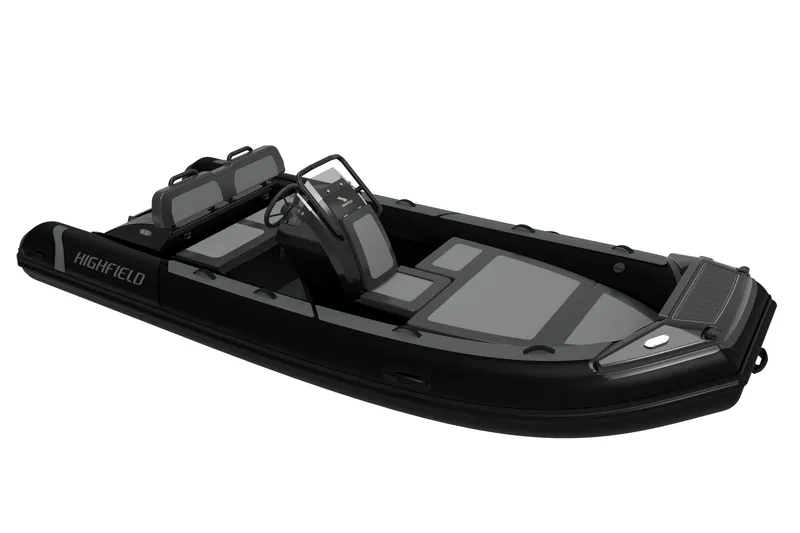 Slide: The Image of 2026 Highfield Sport 460 boat, sleek black design, modern seating, and console. - 10