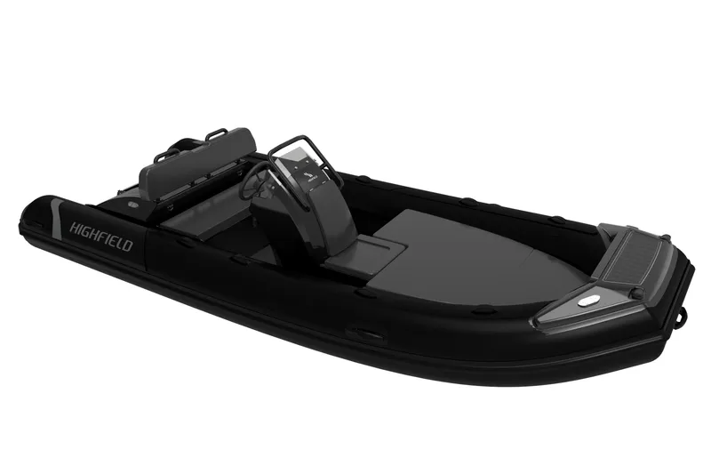 Slide: The Image of 2026 Highfield Sport 460 boat, sleek black design, modern console, and seating arrangement. - 7