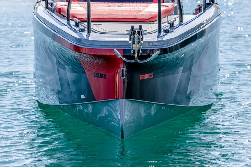 Slide: The Image of 2024 BRABUS SHADOW 300 CT boat on water, sleek design, front view. - 6