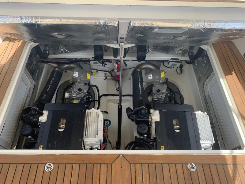 Slide: The Image of Engine compartment of a 2011 MJM 40z Downeast boat with twin engines. - 30