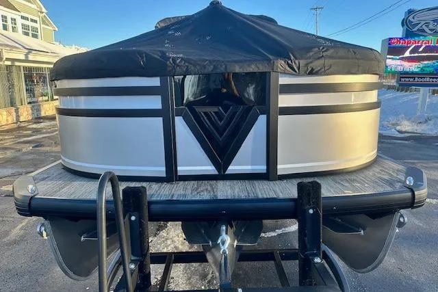 Slide: The Image of 2026 Viaggio Lago Z-B 22 pontoon boat with cover, parked on trailer. - 35