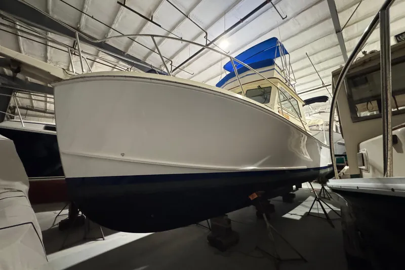 Slide: The Image of 1988 Blue Seas 31 boat in indoor storage, side view. - 2