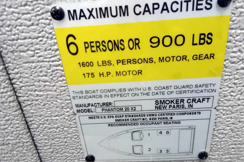 Slide: The Image of 2026 Smoker Craft Phantom 20 X2 capacity label: 6 persons, 900 lbs, 175 HP motor. - 24